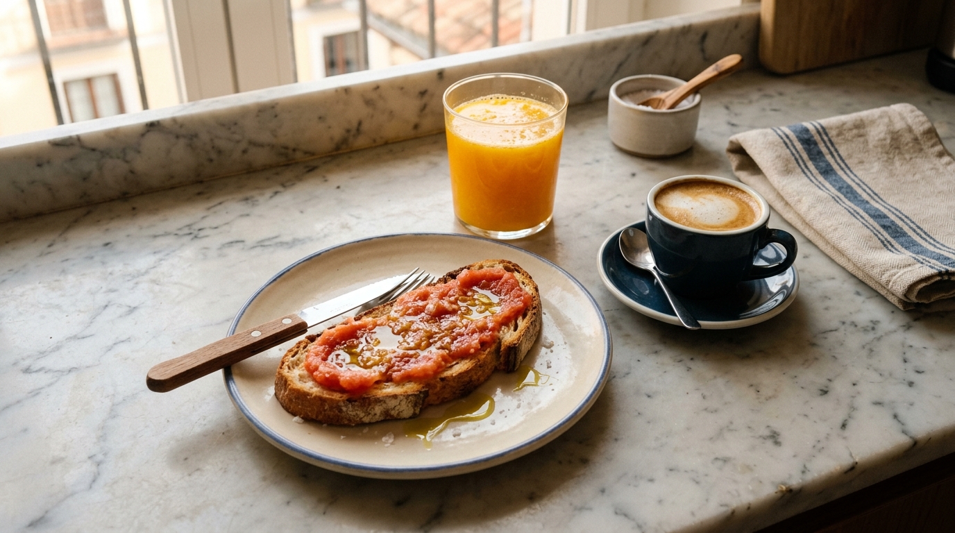 Desayuno con tostada de tomate, zumo de naranja y café en una encimera de mármol