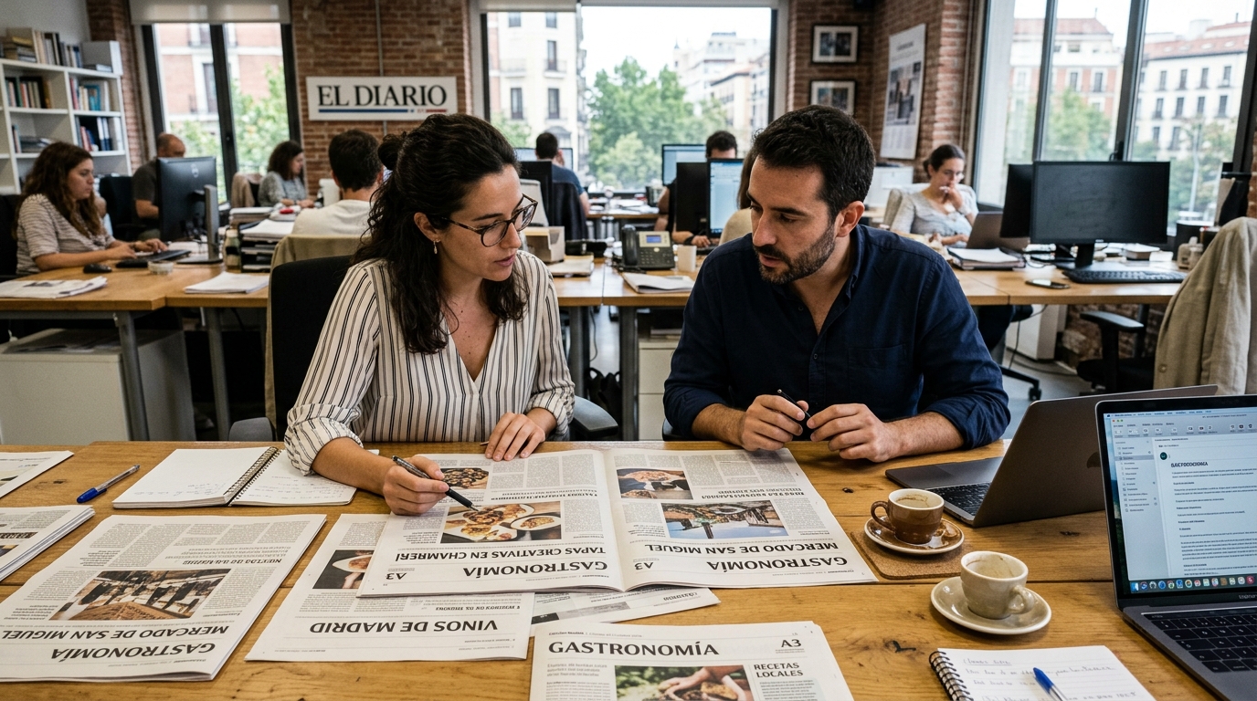 Dos periodistas revisando maquetas en una redacción de Madrid