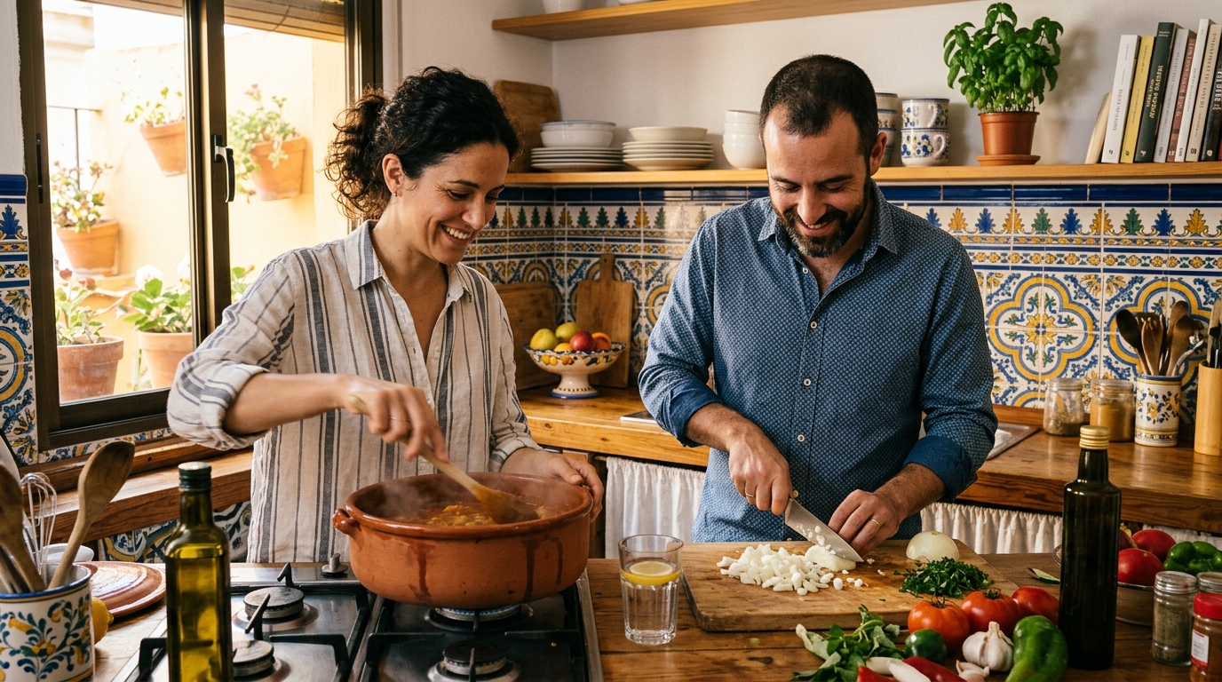 Familia preparando una comida lenta en la cocina con verduras y olla al fuego