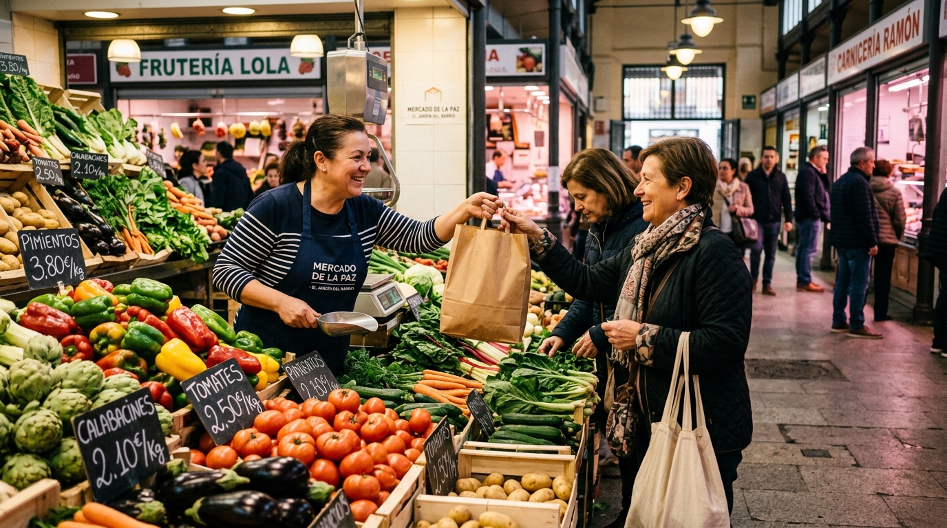Puesto de verduras del Mercado de la Paz en Madrid con vendedor entregando una bolsa de papel